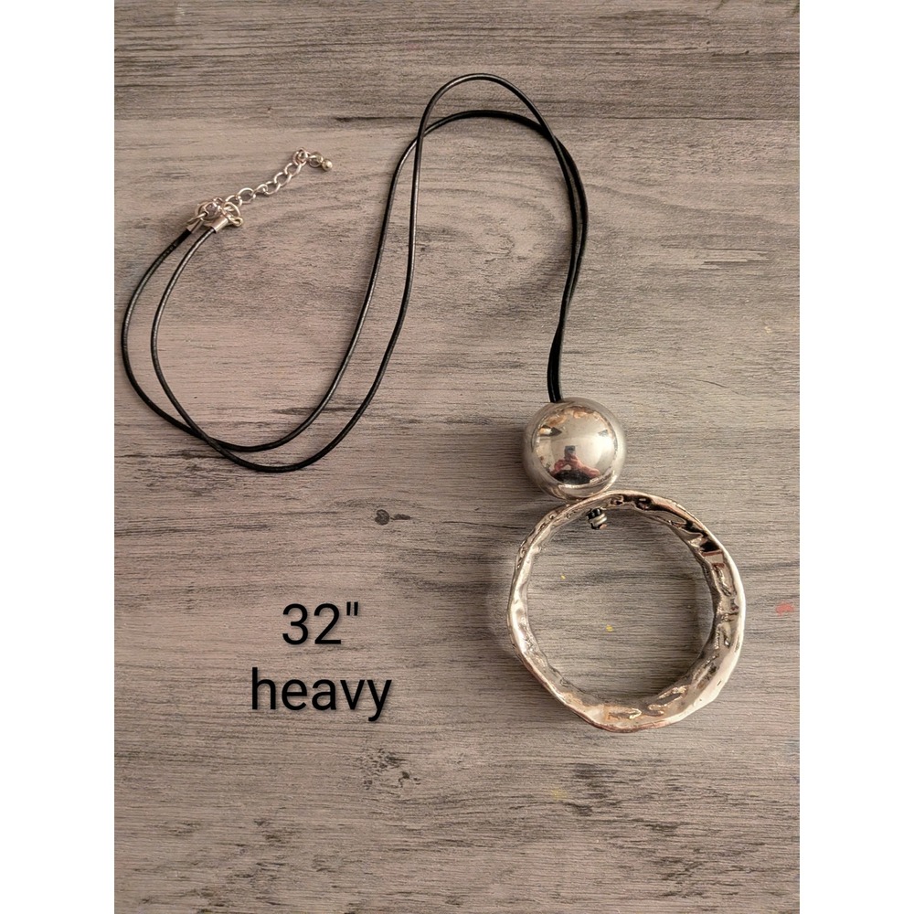Statement Hammered Silver Tone Open Ring Sphere Pendant Necklace Black Cord 32"